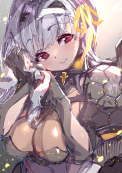 Rule 34 | 1girl, armor, armored gloves, bandaged head, bandages, black gloves, bodystocking, breasts, cleavage, closed mouth, fingerless gloves, fujishima-sei ichi-gou, gloves, goddess of victory: nikke, grey hair, hair ribbon, highres, holding bandages, large breasts, long hair, modernia (nikke), red eyes, ribbon, see-through, see-through cleavage, shoulder armor, sidelocks, smile, solo, yellow ribbon