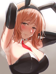 Rule 34 | 1girl, animal ears, armpits, bare shoulders, black gloves, blush, breasts, character request, cleavage, closed mouth, commentary request, detached collar, elbow gloves, fake animal ears, gloves, highres, idolmaster, idolmaster shiny colors, large breasts, looking at viewer, orange eyes, orange hair, playboy bunny, rabbit ears, red neckwear, sakuragi mano, short hair, solo, sweat, upper body, yoshimoto (carpsukidayo)