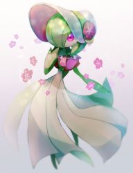 Rule 34 | blurry, clothed pokemon, commentary request, creatures (company), flower, full body, game freak, gardevoir, gardevoir (fashionable), gen 3 pokemon, hand up, hat, hat flower, highres, looking at viewer, nintendo, parted lips, pokemon, pokemon (creature), pokemon unite, purple eyes, purple flower, solo, tomashuu, white background