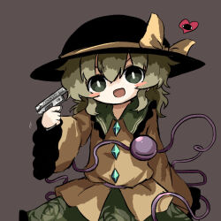 Rule 34 | 1girl, :d, arm behind back, black hat, blush stickers, bow, bright pupils, brown background, buttons, collared shirt, commentary request, cowboy shot, diamond button, finger on trigger, floral print, frilled shirt collar, frilled sleeves, frills, green eyes, green hair, green skirt, gun, gun to head, hand up, handgun, hat, hat bow, hat ribbon, heart, heripantomorrow, komeiji koishi, long sleeves, looking at viewer, medium hair, motion lines, open mouth, print skirt, ribbon, rose print, shirt, simple background, skirt, smile, solo, third eye, touhou, v-shaped eyebrows, wavy hair, weapon, white pupils, wide sleeves, yellow bow, yellow ribbon, yellow shirt