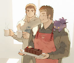 Rule 34 | 2boys, apron, bara, blush, brown hair, cake, casual, chataro1412, chocolate cake, contemporary, couple, creature, cup, food, holding, holding cup, male focus, protagonist 3 (housamo), multiple boys, muscular, muscular male, pectorals, red apron, motoori shiro, short hair, smile, tokyo houkago summoners, upper body, valentine, yaoi