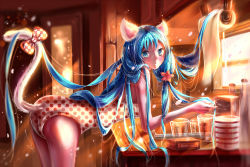 Rule 34 | 1girl, alternate costume, alternate hairstyle, animal ears, bent over, blue eyes, blue hair, blurry, blush, bokeh, bow, box, cabinet, cat ears, cat tail, clothing cutout, cup, depth of field, door, drinking glass, flower, glass, hair flower, hair ornament, hatsune miku, highres, indoors, kemonomimi mode, kona (koma-m), long hair, looking at viewer, matching hair/eyes, one-piece swimsuit, paper, polka dot, polka dot bow, polka dot swimsuit, scroll, signature, solo, sunlight, swimsuit, tail, tail bow, tail ornament, tail through clothes, unmoving pattern, very long hair, vocaloid, window