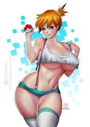 Rule 34 | 1girl, aqua shorts, artist name, bare shoulders, blush, bokuman, breasts, cleavage, collarbone, creatures (company), crop top, female focus, game freak, green eyes, hair tie, hands up, happy, holding, holding poke ball, huge breasts, jpeg artifacts, legs together, looking at viewer, micro shorts, misty (pokemon), navel, nintendo, orange hair, patreon logo, patreon username, poke ball, poke ball (basic), pokemon, pokemon (anime), pokemon (classic anime), shirt, short hair, short shorts, shorts, side ponytail, simple background, skindentation, sleeveless, sleeveless shirt, smile, solo, standing, suspenders, teeth, thick thighs, thighhighs, thighs, underboob, watermark, web address, white background, white shirt, white thighhighs