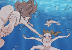 Rule 34 | 3girls, ahoge, air bubble, ass, barefoot, black hair, blush, breasts, breath, brown hair, bubble, collarbone, completely nude, diving, feet, freediving, futami mami, holding breath, htnhtn555, idolmaster, idolmaster (classic), kikuchi makoto, long hair, looking at viewer, minase iori, multiple girls, nude, nudist, pussy, short hair, side ponytail, skinny dipping, small breasts, smile, soles, swimming, underwater, zenra