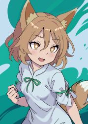 Rule 34 | 1girl, :d, absurdres, animal ears, breasts, brown eyes, commentary request, fox ears, fox girl, fox tail, green ribbon, hair between eyes, highres, kudamaki tsukasa, mandarin collar, medium breasts, nara (gsx250r anzio), open mouth, puffy short sleeves, puffy sleeves, ribbon, romper, short sleeves, small breasts, smile, solo, tail, touhou, upper body, white romper