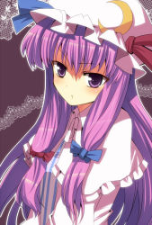Rule 34 | 1girl, :t, aro, capelet, crescent, female focus, hair ribbon, hat, long hair, patchouli knowledge, pout, purple eyes, purple hair, ribbon, solo, touhou, upper body