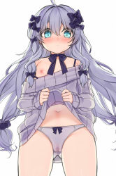 Rule 34 | 1girl, :o, ahoge, bad id, bad pixiv id, bare shoulders, black bow, blue eyes, blush, bow, bow panties, cameltoe, commentary request, crotch seam, dress, female focus, flat chest, gluteal fold, grey hair, grey sweater, hair between eyes, hair bow, long hair, long sleeves, looking at viewer, navel, nipples, nose blush, off-shoulder sweater, off shoulder, panties, parted lips, sleeves past wrists, solo, soulworker, stella unibell, sweater, sweater dress, tama (tamatamo), underwear, very long hair, white panties