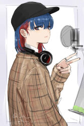 Rule 34 | 1girl, alternate costume, baseball cap, black hat, blue eyes, blue hair, border, brown shirt, closed mouth, colored inner hair, from side, grey border, hair behind ear, hand up, hat, headphones, headphones around neck, highres, isshiki (ffmania7), jewelry, kamitsubaki studio, long sleeves, looking at viewer, looking to the side, medium hair, microphone, multicolored eyes, multicolored hair, outside border, plaid, plaid shirt, red eyes, red hair, red nails, rim (kamitsubaki studio), ring, shirt, simple background, smile, solo, studio microphone, upper body, v, virtual youtuber, white background, yellow pupils
