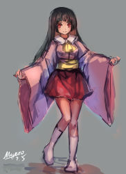 Rule 34 | 1girl, adapted costume, bad id, bad pixiv id, black hair, dated, grey background, highres, houraisan kaguya, kneehighs, long hair, looking at viewer, myero, no shoes, outstretched arms, red eyes, sash, signature, simple background, sketch, sleeves past wrists, socks, solo, spread arms, touhou, white socks, wide sleeves