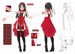Rule 34 | 1girl, asahikawa hiyori, bare shoulders, batik, black eyes, black footwear, black hair, black thighhighs, bridal gauntlets, character sheet, closed mouth, commentary request, detached collar, dress, elbow gloves, floating hair, full body, gloves, grid background, hairband, high-low skirt, high heels, indie virtual youtuber, indonesian commentary, long hair, maya putri, multiple views, parted bangs, red skirt, short dress, simple background, skirt, smile, standing, thighhighs, turnaround, virtual youtuber, white dress, white gloves, zettai ryouiki