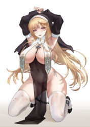 Rule 34 | 1girl, armpits, arms up, asymmetrical bangs, black footwear, black sleeves, blonde hair, breast curtains, breasts, chain, chained, chained wrists, commentary request, covered erect nipples, covered navel, cross, cross necklace, detached sleeves, habit, hei1905, highleg, highleg panties, highres, jewelry, kneeling, large breasts, long hair, looking at viewer, mole, mole under eye, necklace, nun, open mouth, original, panties, pelvic curtain, purple eyes, restrained, see-through, simple background, skindentation, solo, string panties, thighhighs, thighs, torn clothes, torn thighhighs, underwear, white background, white panties, white thighhighs