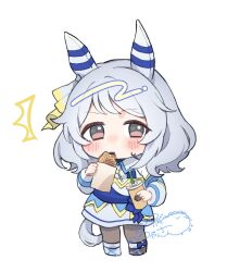 Rule 34 | 1girl, animal ears, asymmetrical footwear, black pantyhose, blush, brown eyes, chan hone pkpk, chibi, commentary request, cup, disposable cup, drinking straw, ear covers, food, food in mouth, full body, grey hair, hishi miracle (umamusume), holding, holding cup, holding food, horse ears, horse girl, horse tail, jacket, long sleeves, looking at viewer, medium hair, mismatched footwear, notice lines, pantyhose, signature, simple background, solo, tail, umamusume, white background, white footwear, white jacket