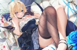 Rule 34 | 1girl, absurdres, aizawa ema, armpit crease, blonde hair, blue eyes, blue flower, blue rose, box, cake, choker, collarbone, confetti, couch, dress, eating, flower, food, formal, frills, fruit, gift, gift box, gloves, hair ornament, hairclip, highres, long hair, looking at viewer, lying, on back, rose, ruo19, single thighhigh, solo, strawberry, strawberry shortcake, thighhighs, thighs, virtual youtuber, vspo!