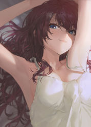 Rule 34 | 1girl, absurdres, armpits, arms up, bare shoulders, blue eyes, blush, breasts, brown hair, camisole, cleavage, closed mouth, collarbone, highres, ichinose shiki, idolmaster, idolmaster cinderella girls, long hair, looking at viewer, lying, medium breasts, modare, on back, smile, solo, wavy hair, white camisole