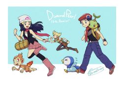 Rule 34 | 1girl, 2boys, :d, anniversary, bag, baggy pants, barry (pokemon), beanie, beret, black hair, black shirt, black socks, black vest, blonde hair, boots, bracelet, brown bag, brown footwear, chimchar, clenched hand, commentary request, copyright name, creatures (company), dawn (pokemon), duffel bag, from side, game freak, gen 4 pokemon, green scarf, hair ornament, hairclip, hat, jacket, jewelry, kneehighs, long hair, lucas (pokemon), multiple boys, nintendo, open mouth, pants, pink footwear, pink skirt, piplup, poke ball print, pokemon, pokemon (creature), pokemon dppt, poketch, red scarf, sagemaru-br, scarf, shirt, shoes, short hair, short sleeves, signature, skirt, sleeveless, sleeveless shirt, smile, socks, starter pokemon trio, striped clothes, striped jacket, tongue, turtwig, two-tone footwear, vest, watch, white headwear, white shirt, wristwatch, yellow bag
