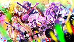 Rule 34 | 10s, 4girls, :d, animal ears, arm up, bass guitar, black hair, blazer, blonde hair, blurry, breasts, buttons, cat ears, cat tail, chuchu (show by rock!!), confetti, cyan (show by rock!!), depth of field, detached sleeves, drill hair, drum, drum set, drumsticks, dutch angle, electric guitar, glasses, glowstick, guitar, highres, instrument, jacket, jumping, light purple hair, lolita fashion, long sleeves, looking at viewer, microphone, moa (show by rock!!), multiple girls, open mouth, purple hair, rabbit ears, retoree (show by rock!!), show by rock!!, silhouette, smile, stage, striped clothes, striped legwear, striped thighhighs, swordsouls, tail, thighhighs, zettai ryouiki