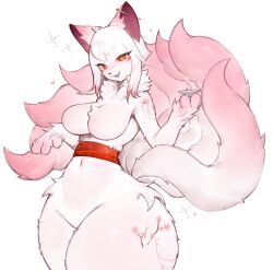 Rule 34 | 1girl, absurdres, animal ears, animal hands, breasts, choko (cup), claws, commission, cup, fox ears, fox girl, fox tail, furry, furry female, highres, holding, holding cup, kitsune, large breasts, looking at viewer, medium hair, multicolored eyes, multicolored hair, multiple tails, navel, original, pink fur, pink hair, red eyes, sidelocks, smile, snout, tail, thick thighs, thighs, togetoge, white fur, white hair, wide hips, yellow eyes