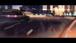Rule 34 | absurdres, arknights, building, bus, car, cityscape, cloud, commentary request, driving, explosion, film grain, firing, gyoukan (jfxc), highres, lens flare, letterboxed, motor vehicle, outdoors, people, road, scenery, skyscraper, translation request, wide shot