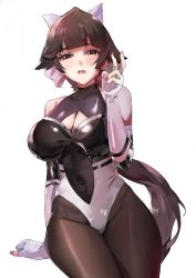 Rule 34 | 1girl, azur lane, bare shoulders, black leotard, bow, breasts, brown eyes, brown hair, cleavage, cleavage cutout, clothing cutout, elbow gloves, fingerless gloves, gloves, impossible clothes, large breasts, leotard, long hair, mi35tututu, official alternate costume, pantyhose, ponytail, race queen, simple background, solo, takao (azur lane), takao (full throttle charmer) (azur lane), thighs, two-tone leotard, unitard, v, very long hair, white background, white bow, white gloves, white leotard
