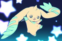 Rule 34 | :3, :d, commentary, digimon, digimon (creature), extyrannomon, gradient background, horns, looking at viewer, no humans, open mouth, signature, simple background, single horn, smile, star (symbol), symbol-only commentary, terriermon, very long ears