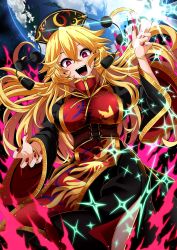 Rule 34 | 1girl, arm up, aura, bangle, blonde hair, bracelet, breasts, chinese clothes, corset, cropped legs, earth (planet), energy, fox print, frilled sleeves, frills, gold trim, hair between eyes, highres, jewelry, junko (touhou), large breasts, long hair, long sleeves, looking at viewer, looking to the side, lower teeth only, nail polish, open mouth, phoenix crown, planet, red eyes, red nails, ribbon, rihito (usazukin), sash, smile, solo, tabard, tassel, teeth, tongue, touhou, upper teeth only, wide sleeves, yellow neckwear, yellow ribbon