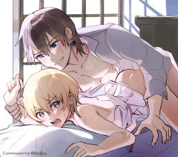 Rule 34 | 2boys, absurdres, ass, blonde hair, blue eyes, blush, brown hair, chrollo lucilfer, commission, earrings, grin, highres, holding another&#039;s wrist, hunter x hunter, indoors, itsme takk, jewelry, kurapika, male focus, multiple boys, open clothes, open mouth, open shirt, pectorals, short hair, smile, yaoi