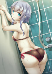 Rule 34 | 10s, 1girl, abyssal ship, aqua eyes, arms up, ass, back, bare arms, bare shoulders, bathroom, bikini, black bikini, blue hair, blush, breasts, butt crack, commentary request, cowboy shot, dutch angle, from behind, hand on wall, hat, unworn hat, unworn headwear, highres, huge ass, indoors, kantai collection, kirimori toya, legs together, looking at viewer, looking back, medium breasts, pale skin, parted lips, short hair with long locks, shower (place), side-tie bikini bottom, sideboob, solo, standing, swimsuit, tareme, tile wall, tiles, trefoil, wet, wo-class aircraft carrier