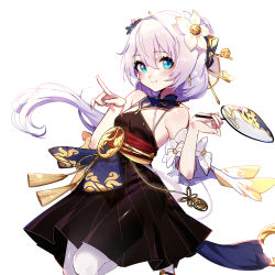 Rule 34 | 1girl, blue eyes, china dress, chinese clothes, closed mouth, dress, ejami, flower, hair flower, hair ornament, hand fan, holding, holding fan, honkai (series), honkai impact 3rd, looking at viewer, pantyhose, simple background, smile, theresa apocalypse, zhuge kongming (honkai impact), white background, white flower, white hair, white pantyhose, zhuge kongming (honkai impact)