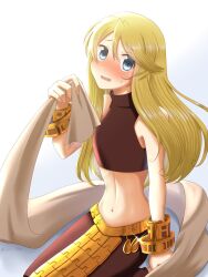 Rule 34 | 1girl, blonde hair, blue eyes, blush, dancer, dancer (fft), final fantasy, final fantasy tactics, flat chest, fwa rw, highres, jewelry, looking at viewer, midriff, monochrome, navel, on floor, scared, simple background, solo, stomach