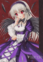 Rule 34 | 00s, bad id, bad pixiv id, black wings, bow, dress, feathers, flower, frilled dress, frills, gothic lolita, hairband, head tilt, lolita fashion, long hair, munmu, red eyes, rose, rozen maiden, sample watermark, silver hair, simple background, suigintou, traditional media, watermark, wings