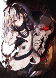 Rule 34 | 1girl, ainz ooal gown, bad id, bad pixiv id, black eyes, black gloves, black pants, blurry, closed mouth, commentary request, depth of field, dress, gloves, glowing, glowing eyes, hair between eyes, hair ornament, heterochromia, highres, holding, holding scythe, holding weapon, hplay, looking at viewer, multicolored hair, outstretched arms, overlord (maruyama), pants, red eyes, robe, scythe, skull, smile, standing, two-tone hair, weapon, white dress, white eyes, x hair ornament, antilene heran fouche