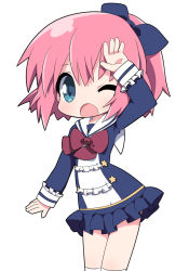 Rule 34 | 1girl, ;o, arm up, blue dress, blue eyes, blue ribbon, bow, chibi, commentary request, dress, frilled dress, frills, hair between eyes, hair ribbon, long sleeves, one eye closed, open mouth, original, osaragi mitama, over-kneehighs, pink hair, ponytail, red bow, ribbon, simple background, solo, star (symbol), thighhighs, white background, white thighhighs
