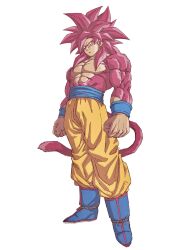 1boy clenched_hands closed_mouth dragon_ball dragon_ball_daima full_body gamma_no_3 grey_background highres long_hair looking_at_viewer male_focus monkey_tail muscular muscular_male orange_pants pants red_eyes red_fur red_hair red_tail simple_background smirk solo son_goku spiked_hair standing super_saiyan super_saiyan_4 tail topless_male