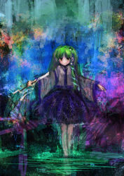 Rule 34 | 1girl, bad id, bad pixiv id, colorful, female focus, frog, green hair, hair ornament, highres, kochiya sanae, lm7 (op-center), outstretched arms, snake, solo, spread arms, standing, touhou, yellow eyes