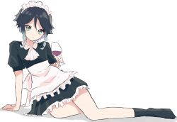 Rule 34 | 1boy, alcohol, apron, artist request, bad id, bad pixiv id, black hair, black socks, braid, closed mouth, cup, dress, drinking glass, full body, genshin impact, gradient hair, green eyes, hair between eyes, highres, holding, holding cup, looking at viewer, maid, maid headdress, male focus, multicolored hair, puffy short sleeves, puffy sleeves, short hair, short hair with long locks, short sleeves, side braids, simple background, sitting, socks, solo, trap, twin braids, venti (genshin impact), waist apron, white apron, white background, wine, wine glass