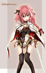 Rule 34 | 1boy, astolfo (fate), black thighhighs, blush, braid, cape, commentary request, fang, fate/apocrypha, fate (series), garter straps, hair ribbon, highres, kimura shuuichi, long hair, looking at viewer, male focus, open mouth, pink hair, red eyes, ribbon, single braid, solo, standing, sweatdrop, thighhighs, trap, twitter username, you&#039;re doing it wrong