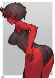 Rule 34 | 1girl, ass, bare arms, bare shoulders, black dress, black hair, border, breasts, colored skin, covered erect nipples, dress, embarrassed, from behind, grey background, horns, kidouko (zakusi), large breasts, looking at viewer, looking back, oni, oni horns, orange eyes, original, parted lips, red oni, red skin, short hair, side slit, signature, solo, white border, zakusi