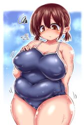 Rule 34 | 1girl, arm behind back, blue background, blue sky, blurry, blurry background, blush, boku no kokoro no yabai yatsu, border, breasts, brown eyes, brown hair, closed mouth, cloud, cloudy sky, collarbone, covered erect nipples, covered navel, cowboy shot, day, hair between eyes, hara honoka, highres, large breasts, medium hair, omochi 201, one-piece swimsuit, outdoors, outline, outside border, plump, puffy nipples, school swimsuit, sky, solo, sparkle, squiggle, sweat, swimsuit, tareme, thick thighs, thighs, white border, white outline