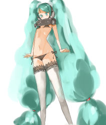 Rule 34 | 1girl, aqua eyes, breasts, cameltoe, covered erect nipples, green eyes, green hair, hair ornament, hairclip, haitukun, hatsune miku, headphones, lace, lace-trimmed legwear, lace trim, long hair, matching hair/eyes, micro panties, panties, side-tie panties, small breasts, solo, thighhighs, underwear, very long hair, vocaloid, white background