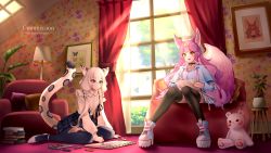 Rule 34 | 2girls, animal ears, armchair, arty (vtuber), banned artist, black legwear, blue dress, blue eyes, blue skirt, blue thighhighs, book, chair, closed mouth, commission, dress, fox ears, fox tail, highres, indie virtual youtuber, lamp, long hair, looking away, multiple girls, neconel, open mouth, orange eyes, pink hair, room, shirt, shoes, silver hair, sitting, skeb commission, skirt, smile, su&#039;ri (vtuber), suspender skirt, suspenders, tail, thighhighs, tiger ears, tiger tail, toy, virtual youtuber, white shirt, window