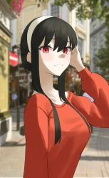 Rule 34 | 1girl, absurdres, arm up, bad id, bad twitter id, black hair, blush, breasts, closed mouth, day, from side, hairband, highres, looking at viewer, michelan, outdoors, red eyes, red sweater, road sign, sidelocks, sign, solo, spy x family, sweater, upper body, white hairband, yor briar