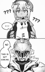 Rule 34 | 10s, 1boy, 1girl, ?, artist request, character request, commentary, confused, copyright request, crossover, dark skin, english commentary, english text, engrish text, female goblin, fur collar, goblin, goblin slayer, goblin slayer!, goblin wa mou juubun ni tsuyoi, greyscale, hat, helmet, honwasabi, jewelry, lifting person, monochrome, necklace, picking up, ranguage, skull necklace, speech bubble