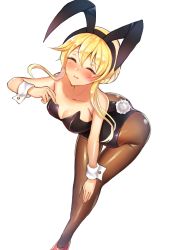 Rule 34 | 10s, 1girl, animal ears, bare shoulders, black pantyhose, blonde hair, blush, breasts, clarice (idolmaster), cleavage, closed eyes, eikisama113, fake animal ears, idolmaster, idolmaster cinderella girls, large breasts, leaning forward, leotard, pantyhose, playboy bunny, rabbit ears, rabbit tail, simple background, solo, tail, white background, white wrist cuffs, wrist cuffs