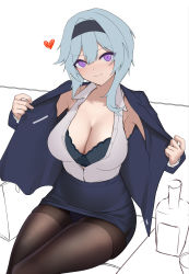 Rule 34 | 1girl, absurdres, alcohol, black bra, black pantyhose, blouse, blue hair, bra, breasts, cleavage, contemporary, eula (genshin impact), genshin impact, hairband, heart, highres, large breasts, looking at viewer, office lady, open clothes, panties, panty peek, pantyhose, partially undressed, pencil skirt, purple eyes, shirt, skirt, sleeveless, sleeveless shirt, smile, solo, terebi (shimizu1996), thighs, underwear, undressing
