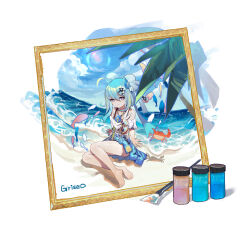 Rule 34 | 1girl, absurdres, ahoge, animal, bare shoulders, beach, blonde hair, blue hair, blue skirt, blue sky, closed mouth, cloud, commentary, crab, day, griseo, griseo (starry impression), hair between eyes, highres, honkai (series), honkai impact 3rd, horizon, iomywaifu, looking at viewer, multicolored hair, ocean, paintbrush, palm tree, picture frame, purple eyes, sand, signature, skirt, sky, smile, solo, streaked hair, tree, water, white background