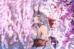 Rule 34 | 1girl, bare shoulders, cherry blossoms, day, detached sleeves, essual (layer world), fate/grand order, fate (series), headband, horns, japanese clothes, long hair, looking up, petals, red eyes, silver hair, smile, solo, tomoe gozen (fate), tree