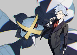 Rule 34 | 1boy, bad id, bad twitter id, black jacket, blurry, closed mouth, collared shirt, creatures (company), fingernails, game freak, gen 3 pokemon, grey background, grey eyes, grey hair, hand up, highres, holding, jacket, jewelry, long sleeves, male focus, mega metagross, mega pokemon, metagross, nintendo, pokemon, pokemon (creature), pokemon oras, red neckwear, ring, shirt, spiked hair, steven stone, xia (ryugo)