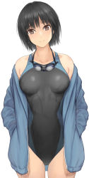 Rule 34 | 1girl, amagami, black hair, bob cut, breasts, brown eyes, closed mouth, competition swimsuit, goggles, goggles around neck, hands in pockets, head tilt, highres, jacket, long sleeves, looking at viewer, medium breasts, nanasaki ai, one-piece swimsuit, open clothes, open jacket, serizawa (serizawaroom), short hair, smile, solo, swimsuit, wet