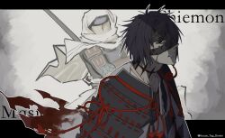 Rule 34 | 1boy, bandage over one eye, bandages, black eyes, black hair, blood, chiemon (fate), fate/samurai remnant, fate (series), highres, house tag denim, male focus, polearm, shoulder pads, torn clothes, twitter username, weapon
