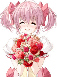 1girl absurdres blush bouquet closed_eyes female_focus flower happy_birthday highres kaname_madoka kaname_madoka_(magical_girl) mahou_shoujo_madoka_magica mahou_shoujo_madoka_magica_(anime) misteor nose_blush open_mouth pink_hair simple_background smile solo white_background